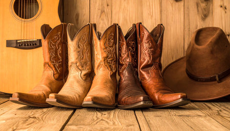 Cowboy boots and cowboy hat on a wooden background. Cowboy boots.の素材