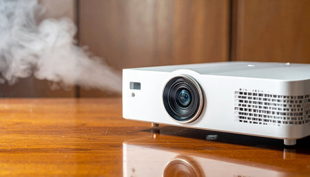 Projector with smoke on wooden table. Focus on the camera.の素材