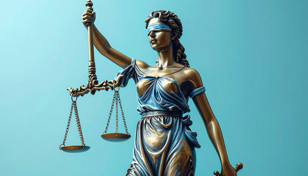 Statue of justice on blue background. Law and justice concept.の素材