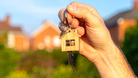 Real estate agent holding a house keychain in his hand, closeupの素材