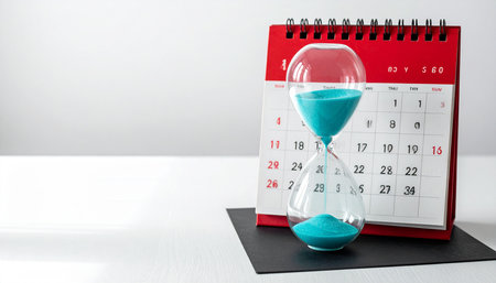 Hourglass and calendar on white background. Time management concept. Copy space.の素材