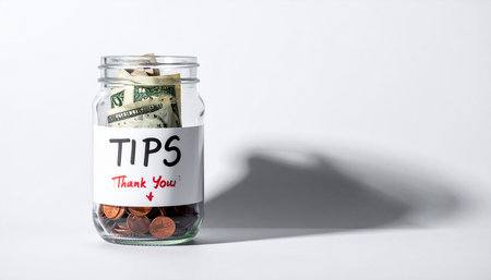 Glass jar with coins and the word Tips on a light background.の素材
