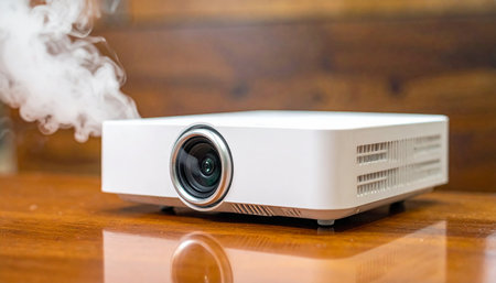 White projector on the wooden table with smoke coming out of the deviceの素材