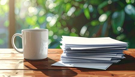White coffee cup and stack of papers on wooden table with bokeh background.の素材