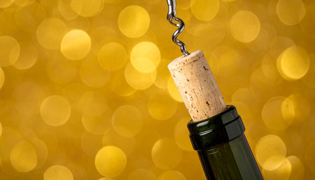 Opening a wine bottle with a corkscrew on bokeh backgroundの素材