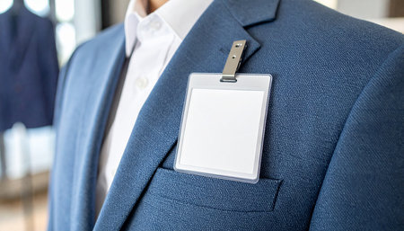 Blank business card holder attached to a blue suit jacket in a shopの素材