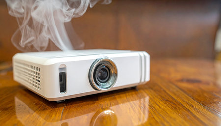 Projector on a wooden table with smoke coming out of the deviceの素材