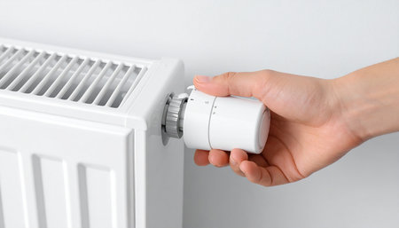 Female hand adjusting thermostat on heating radiator indoors, closeupの素材