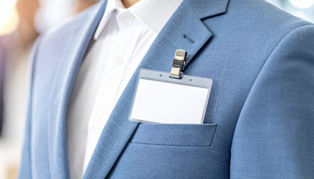 Businessman with name card in suit pocket, close-up viewの素材