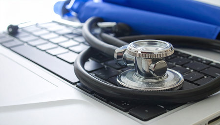 Stethoscope on a laptop keyboard. Medical equipment and diagnostics.の素材