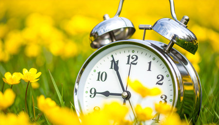 Alarm clock on meadow with yellow buttercups in springの素材