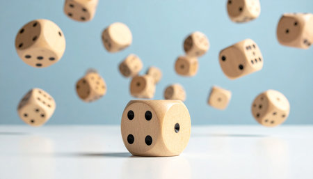 Wooden dice with flying dices on white table and blue backgroundの素材