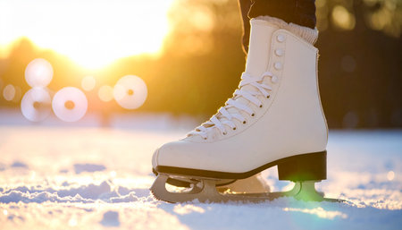 Close-up of female figure skates on ice in sunny winter dayの素材