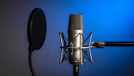 Microphone and microphone on a stand on a blue background with copy spaceの素材