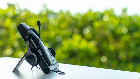 Telephone receiver with headphones on table in front of green nature backgroundの素材