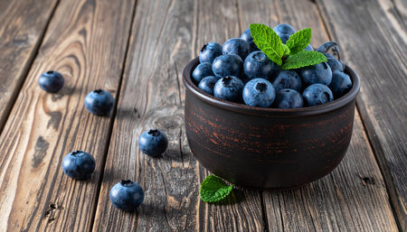 Fresh blueberries in bowl on wooden background. Healthy food concept.の素材