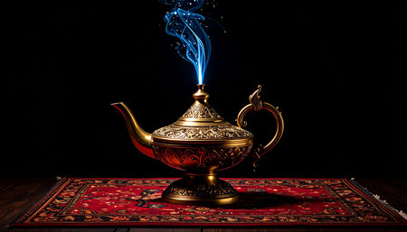 Magic lamp in oriental style on a black background with smoke.の素材