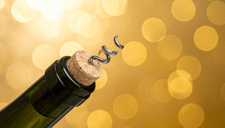 Bottle of champagne with corkscrew on bokeh backgroundの素材