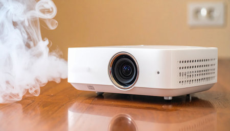 White projector with smoke on wood table in office. Video projector.の素材
