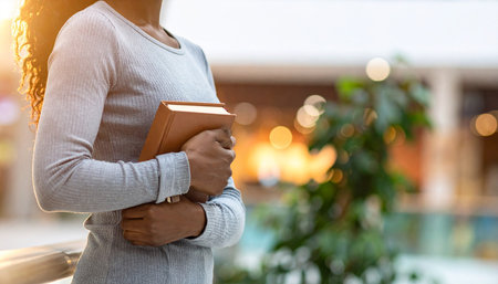 Closeup of a woman holding a book in her hands. She is standing in a cafe.の素材