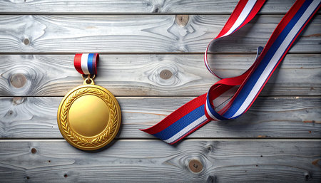 Gold medal with red and blue ribbons on a wooden background.の素材