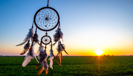 Dreamcatcher on the field at sunset. Dreamcatcher handmadeの素材