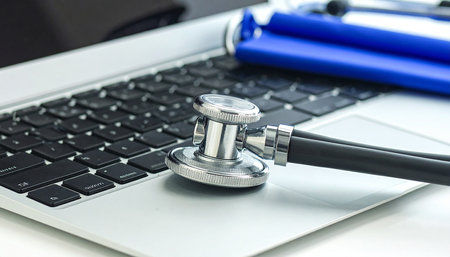 Stethoscope on a laptop keyboard. Medical and healthcare concept.の素材