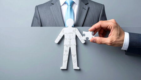 Businessman holding jigsaw puzzle piece on grey background. Teamwork conceptの素材