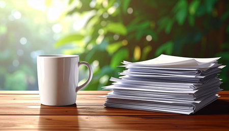 Coffee cup and pile of papers on wooden table. 3d renderingの素材