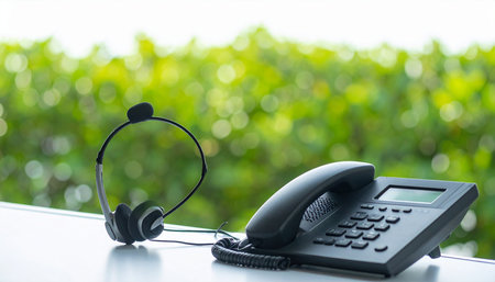 telephone with customer service agent on desk with green nature bokeh backgroundの素材