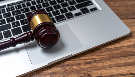 Wooden gavel and laptop on wooden desk. Law concept.の素材