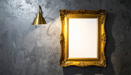 blank golden picture frame hanging on cement wall with lamp in the roomの素材