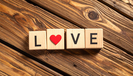 Love text on wooden cubes on a wooden background. Love concept.の素材