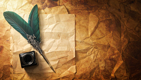 Feather pen and inkwell on old paper background. Retro styleの素材