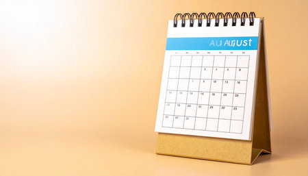 The August 2022 desk calendar on beige background with copy space.の素材