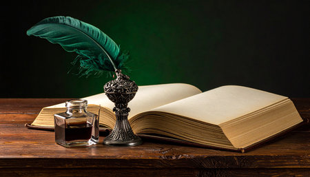 Vintage still life with quill, ink bottle and old bookの素材