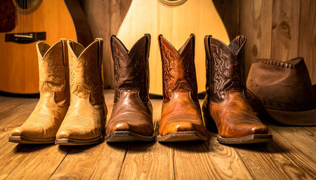 Cowboy boots and guitar on a wooden floor in the barn.の素材
