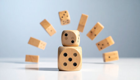 wooden dice with falling numbers on a white background, business conceptの素材