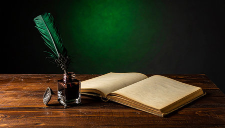 Feather and inkwell on a wooden table against a dark backgroundの素材