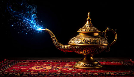 Magic lamp with fire and smoke on a black background. Oriental styleの素材