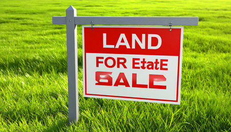 Land For Sale Real Estate Sign on Green Grass. 3D Renderの素材