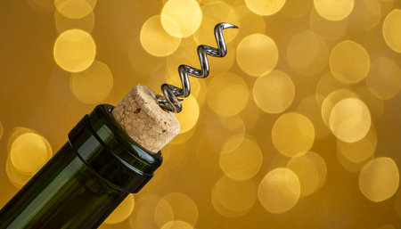 Bottle of champagne with corkscrew on bokeh backgroundの素材
