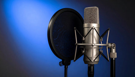 Studio microphone and stand on a blue background. 3d rendering.の素材