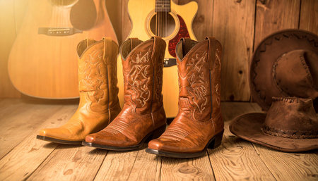 Cowboy boots and acoustic guitar on a wooden background. Vintage style.の素材