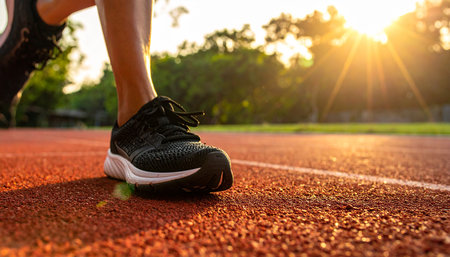 Runner feet on running track at sunset. Sport and healthy lifestyle concept.の素材