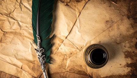 Feathers and ink bottle on old paper background. Retro styleの素材