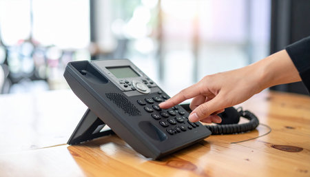 Close up of businesswoman hand dialing phone number on office deskの素材