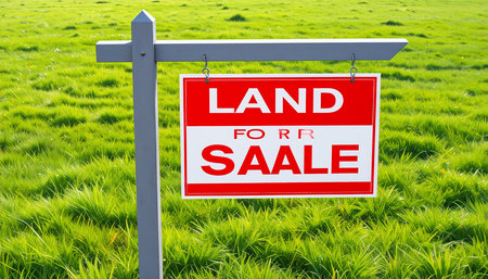 LAND FOR SALE sign on a green meadow in summerの素材