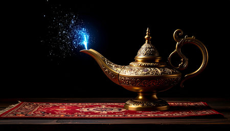 Magic Aladdin magic lamp on dark background. Lamp of wishes.の素材