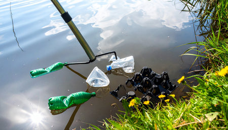 Plastic waste on the river bank with a fishing rod in the backgroundの素材